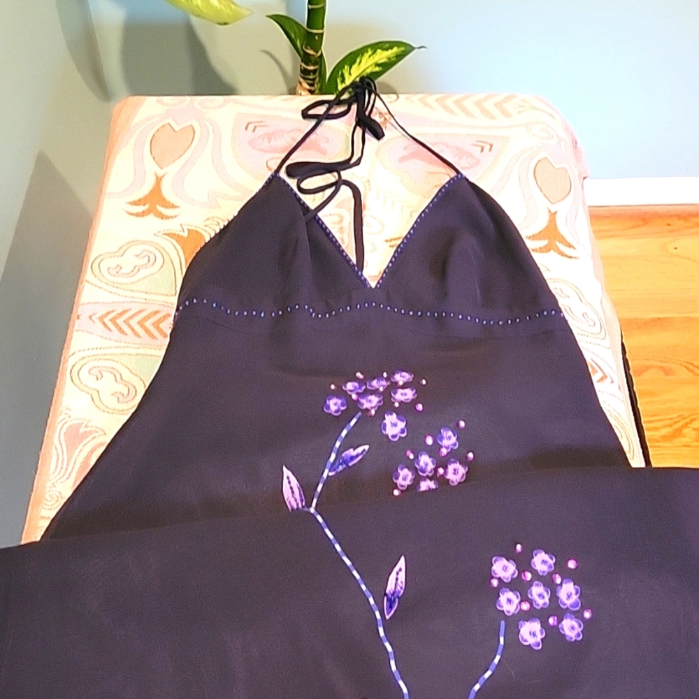 Black Silk Halter dress, fully lined Purple beading sz 8
